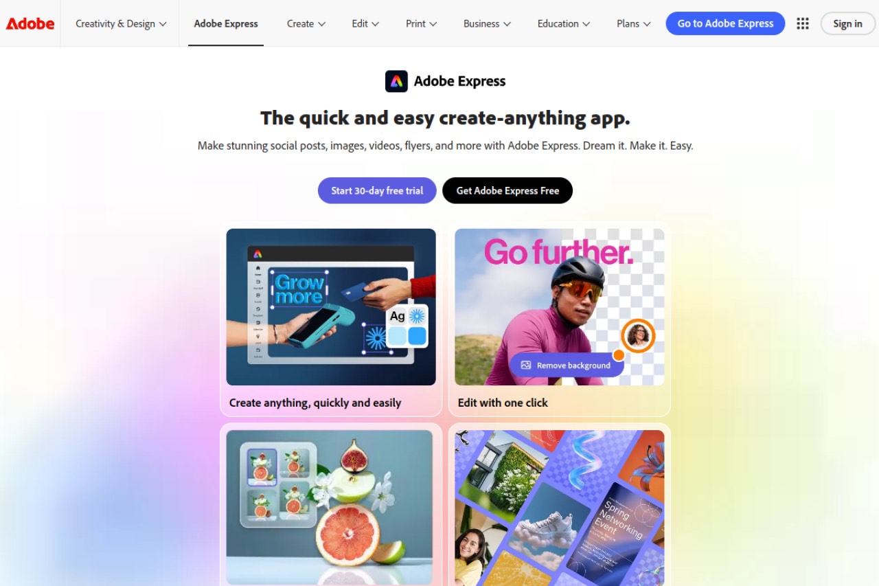 Adobe Express landing page showing its design editor with templates, Firefly AI, and the built-in content calendar and social scheduler.