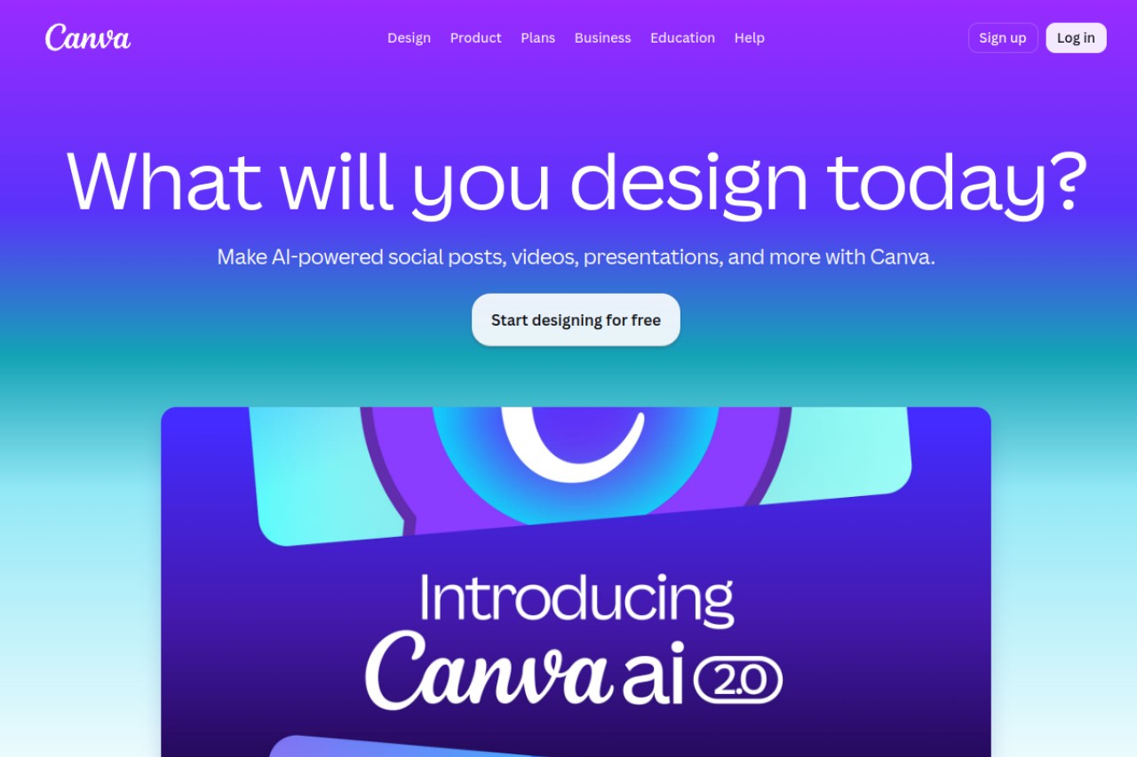 Canva landing page showing its template library and design editor, with the Content Planner scheduling feature built into the suite.