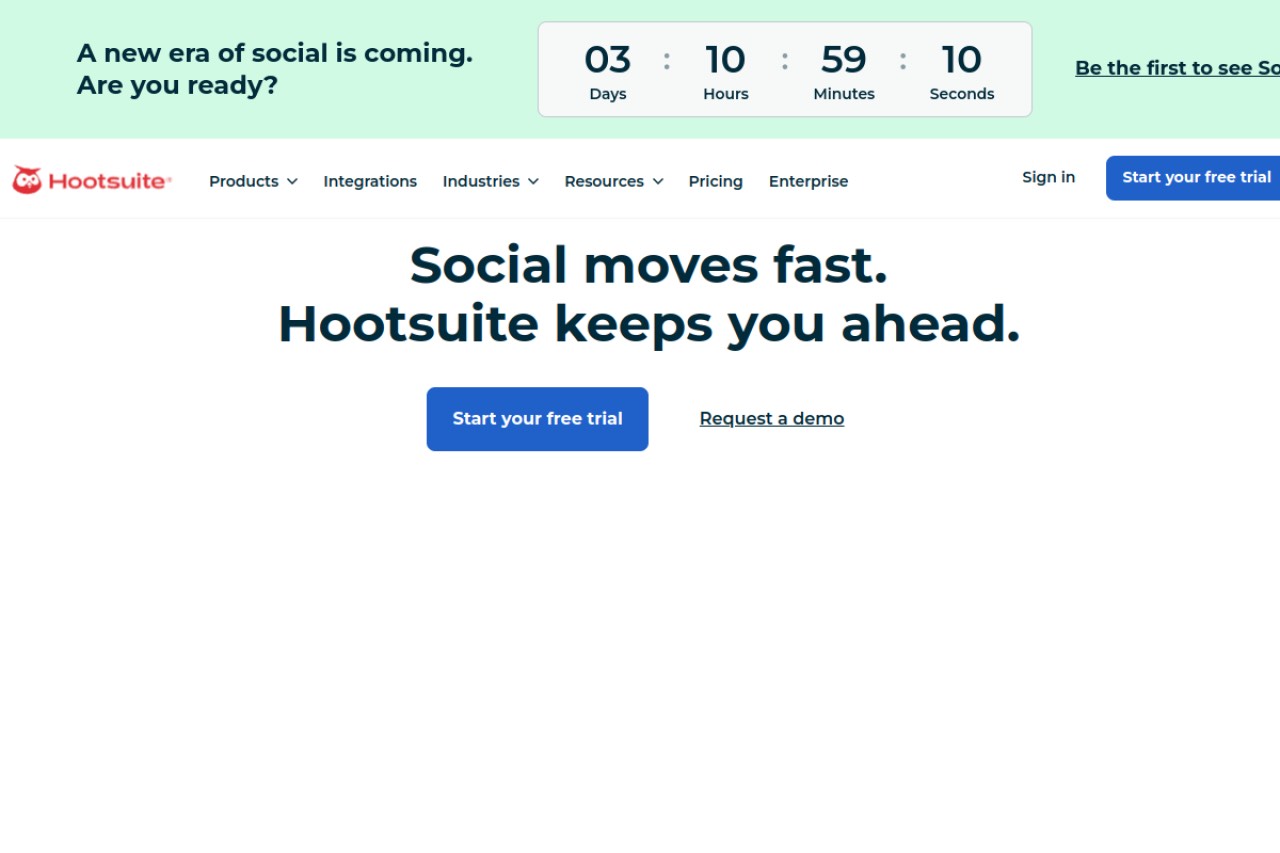 Hootsuite homepage — the Hootsuite social media scheduler.
