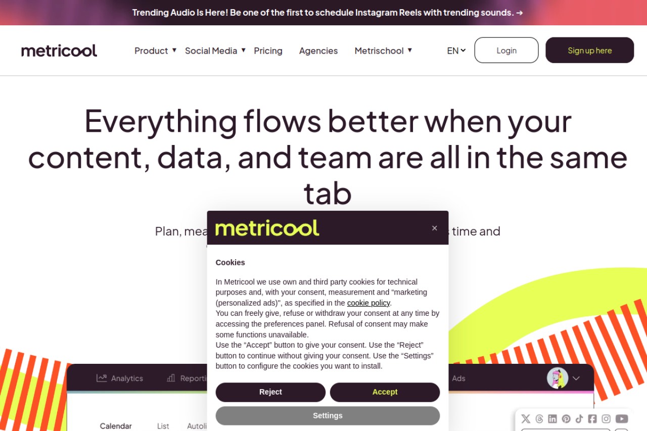 Metricool homepage — the Metricool social media scheduler.