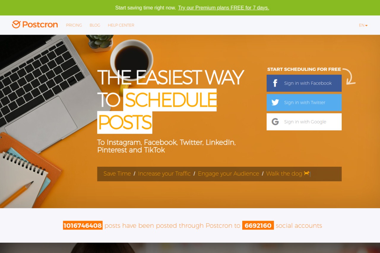 Postcron homepage — the Postcron social media scheduler.
