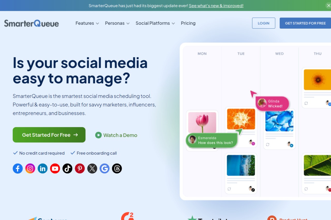 SmarterQueue homepage — the SmarterQueue social media scheduler.