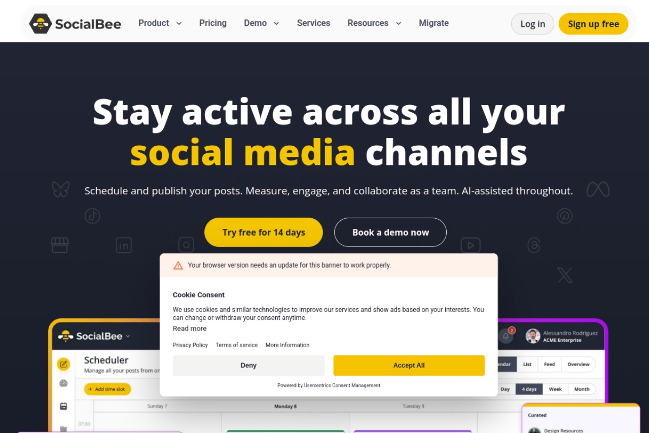 SocialBee homepage — the SocialBee social media scheduler.